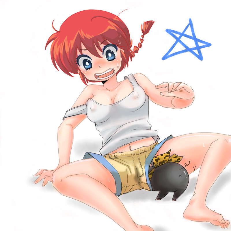 barefoot blue_eyes blush braid clothing cunnilingus erect_nipples feet hoshino_lala navel nipples off_shoulder oral p-chan pig pigtail ponytail porcine ranma-chan ranma_1/2 ranma_saotome red_hair rule_63 ryoga_hibiki shorts single_braid spread_legs suid suina sus_(pig) sweat swine tank_top tear tied_hair under_clothes zoophilia