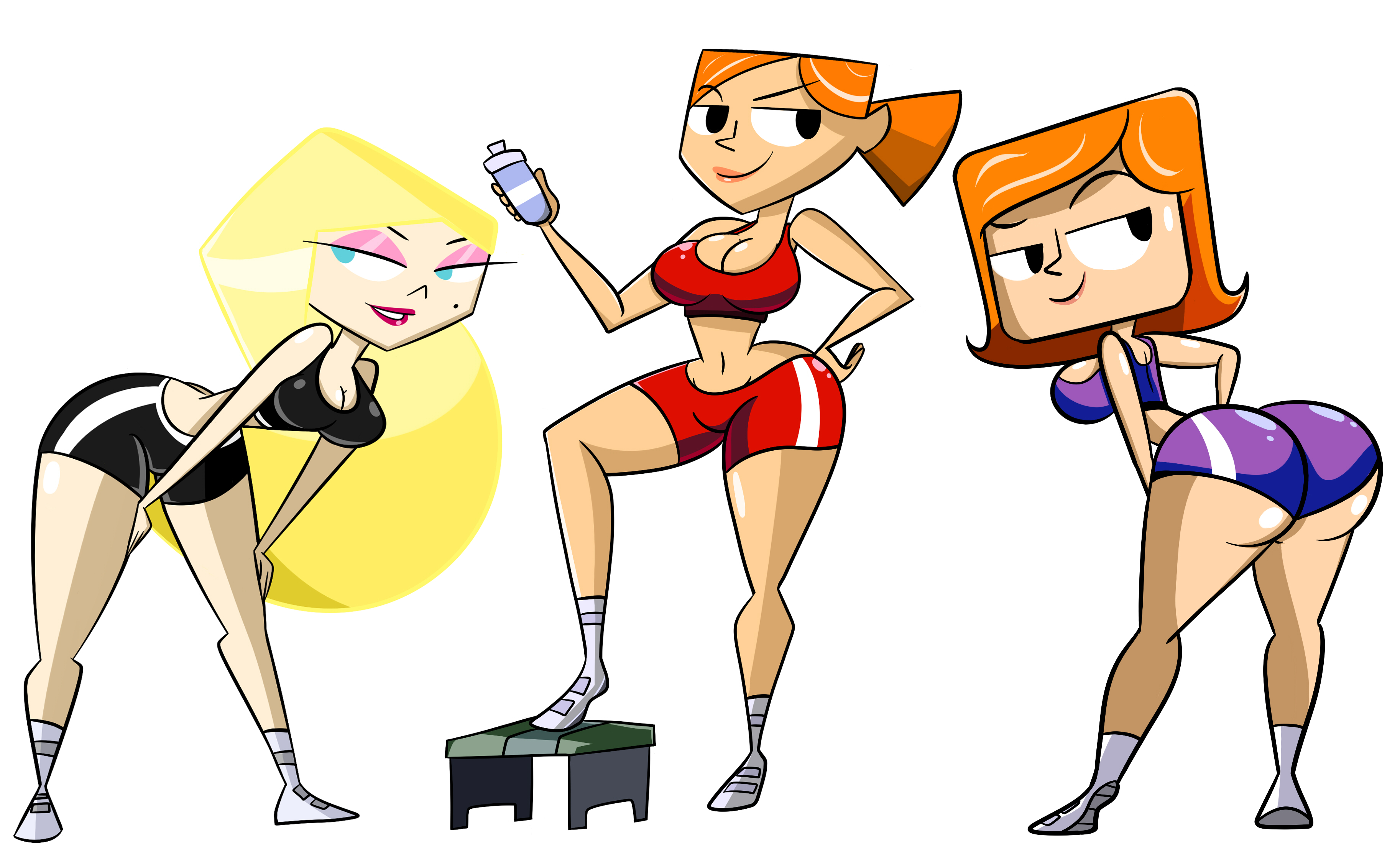 3girls, agent kalaschnikov, ass, atomickingboo, back, bare shoulder, beauty mark, bent over, big ass, big breasts, bimbo, black eyes, blonde, blue eyes, breasts, cleavage, debbie turnbull, debs turnbull, eyelashes, eyeshadow, female, female only, gym shorts, half-closed eyes, hourglass figure, human, lipstick, long hair, looking back, makeup, midriff, milf, mother, multiple females, navel, orange hair, pe teacher (robotboy), ponytail, robotboy, shoes, short hair, shorts, smile, sports bra, standing, tank top, tied hair, voluptuous, wide hips