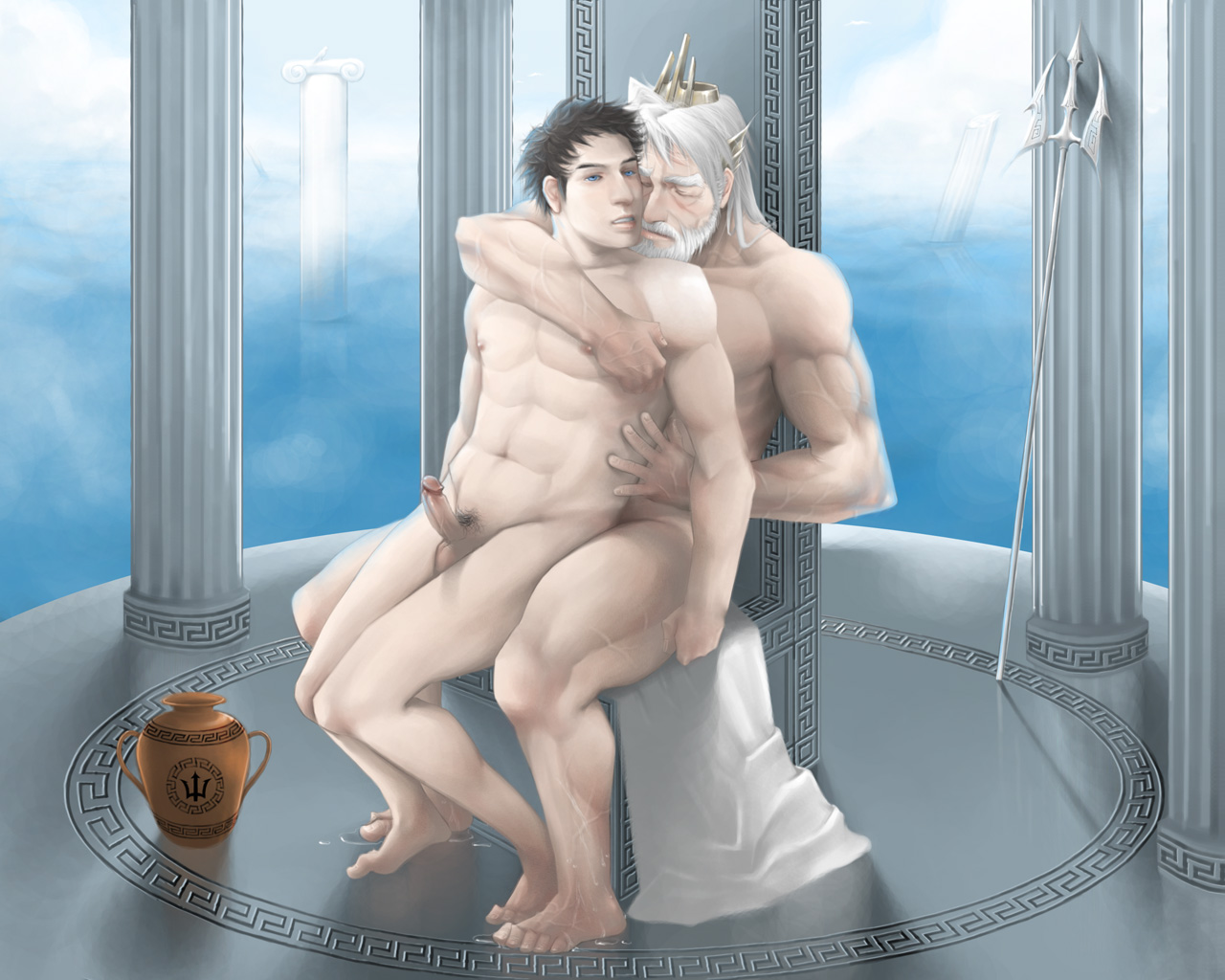 2boys angelusmortis bara deity erection facial_hair greek_mythology human male male_only multiple_males muscle mythology neptune nude ocean penis pubes pubic_hair public_domain sitting testicles throne uncensored wet yaoi