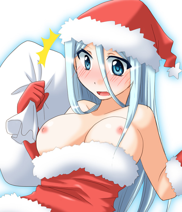 anime_style blue_eyes breast_out breasts christmas clothing female female_only human kisara pale_skin solo white_hair yu-gi-oh! yu-gi-oh!_duel_monsters