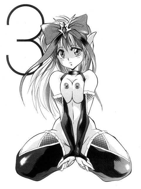 big_breasts bow breasts clothing coopa druaga_no_tou female female_only front_view monochrome simple_background solo stockings tagme white_background