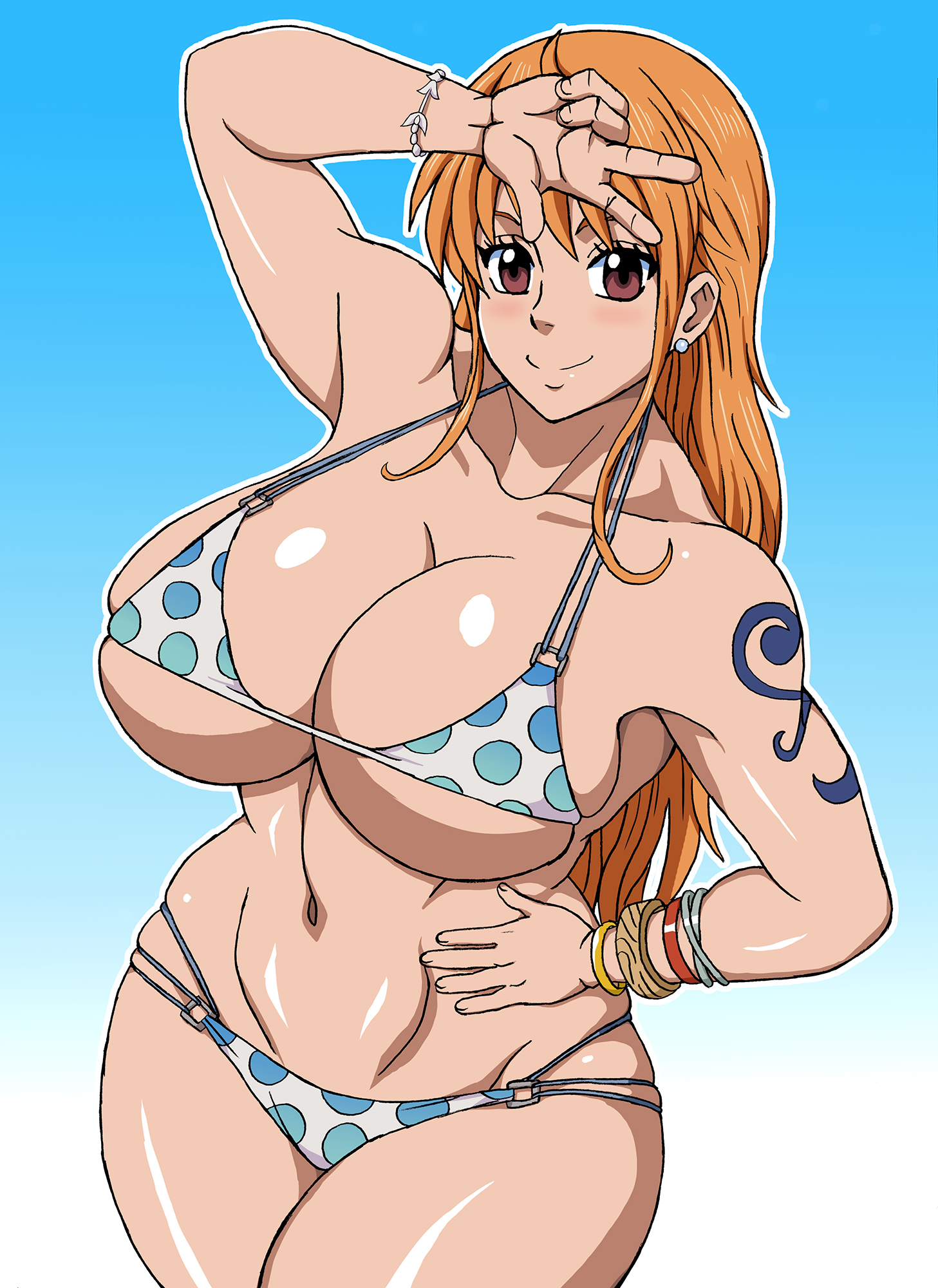 1girls, arm tattoo, big breasts, bikini, blue tattoo, breasts, brown eyes, curvy, female, female only, huge breasts, long hair, nami (one piece), naruho, one piece, orange hair, orange-haired female, shiny skin, smile, tattoo, thick thighs, voluptuous