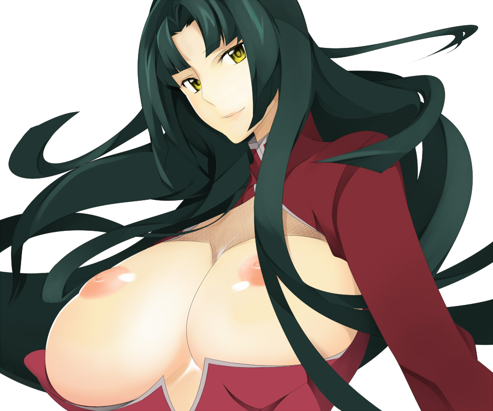 breasts breasts_out bust framed_breasts green_hair gundam gundam_00 huge_breasts nanao nipples smile wang_liu_mei yellow_eyes