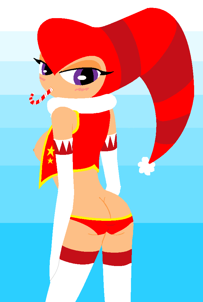 2009 aliasing artist_request ass beige_skin blush breasts candy candy_cane christmas christmas_nights clothes color female female_only flat_colors food lineless looking_back nightmaren nights nights_into_dreams open_clothes open_eyes panties purple_eyes rule_63 simple_background solo standing unknown_artist vest