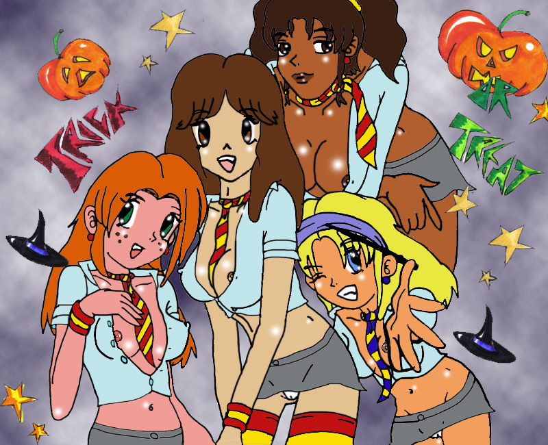 angelina_johnson azbax ginny_weasley halloween harry_potter hermione_granger luna_lovegood nipples pumpkin