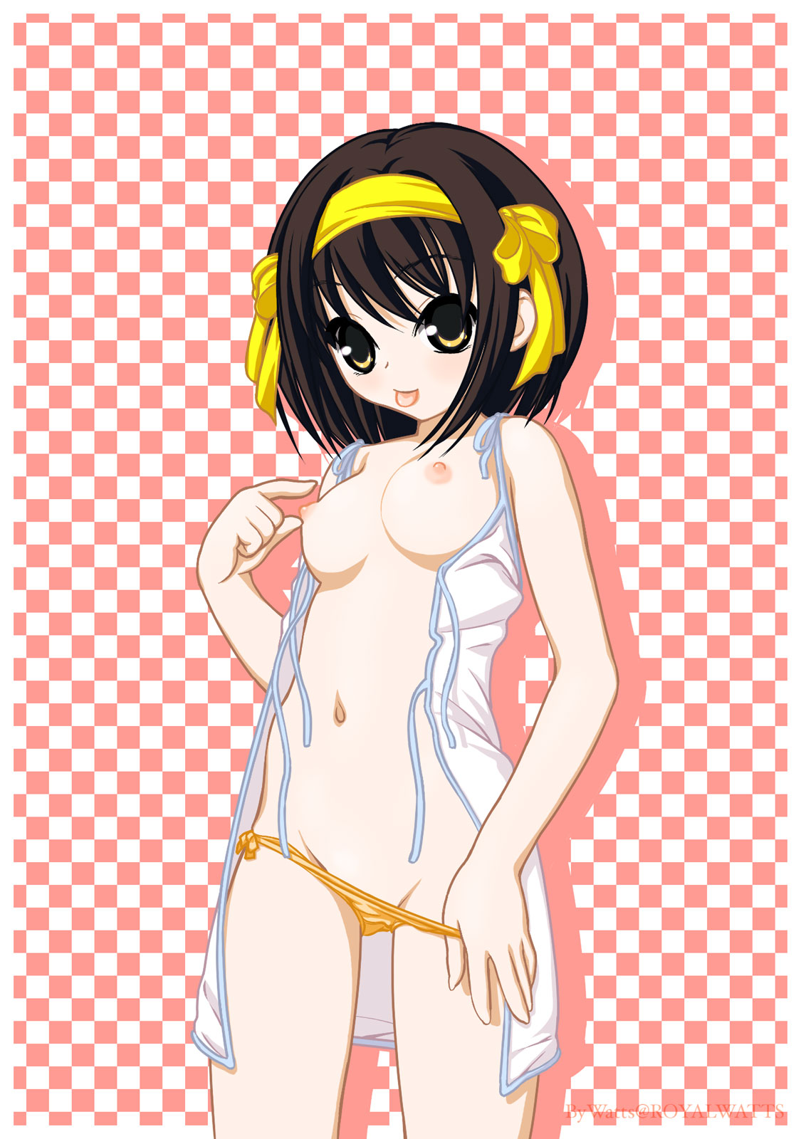 brown_eyes brown_hair hairband highres mound_of_venus nipples no_bra open_clothes open_shirt panties panty_pull royalwatts shirt short_hair side-tie_panties suzumiya_haruhi suzumiya_haruhi_no_yuuutsu tongue underwear