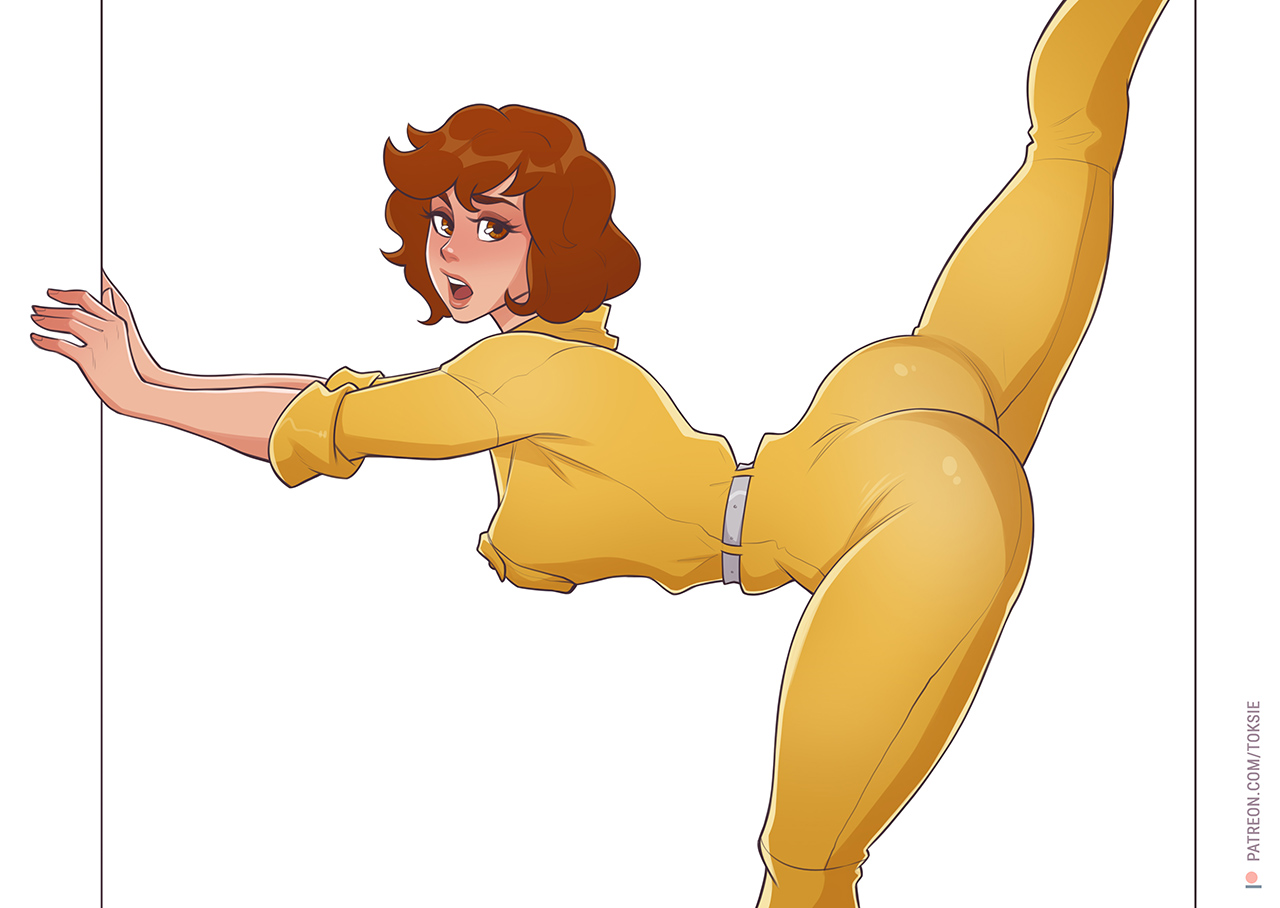 1girls, 2021, 2d, 2d (artwork), april o'neil, april o'neil (tmnt 1987), arm support, ass, big ass, brown eyes, brown hair, clothed, eyeshadow, female, female only, human, human only, jumpsuit, leaning against wall, leaning forward, looking at viewer, one leg raised, one leg up, open mouth, plain background, questionable, sfw, skin tight, solo, solo female, splits, teenage mutant ninja turtles, toksie, vertical splits, white background
