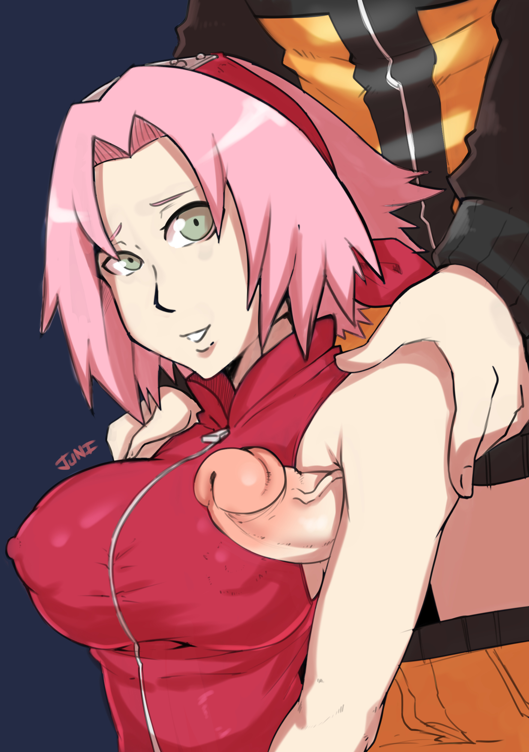 1boy, 1girls, armpit sex, armpits, big breasts, big penis, blue background, breasts, eye contact, female, grabbing from behind, hairband, juni to juni, large breasts, looking at viewer, male, naruto, naruto (series), naruto shippuden, nipple bulge, nipples visible through clothing, pants down, penis, pink hair, sakura haruno, short hair, tight clothing, uzumaki naruto, veiny penis