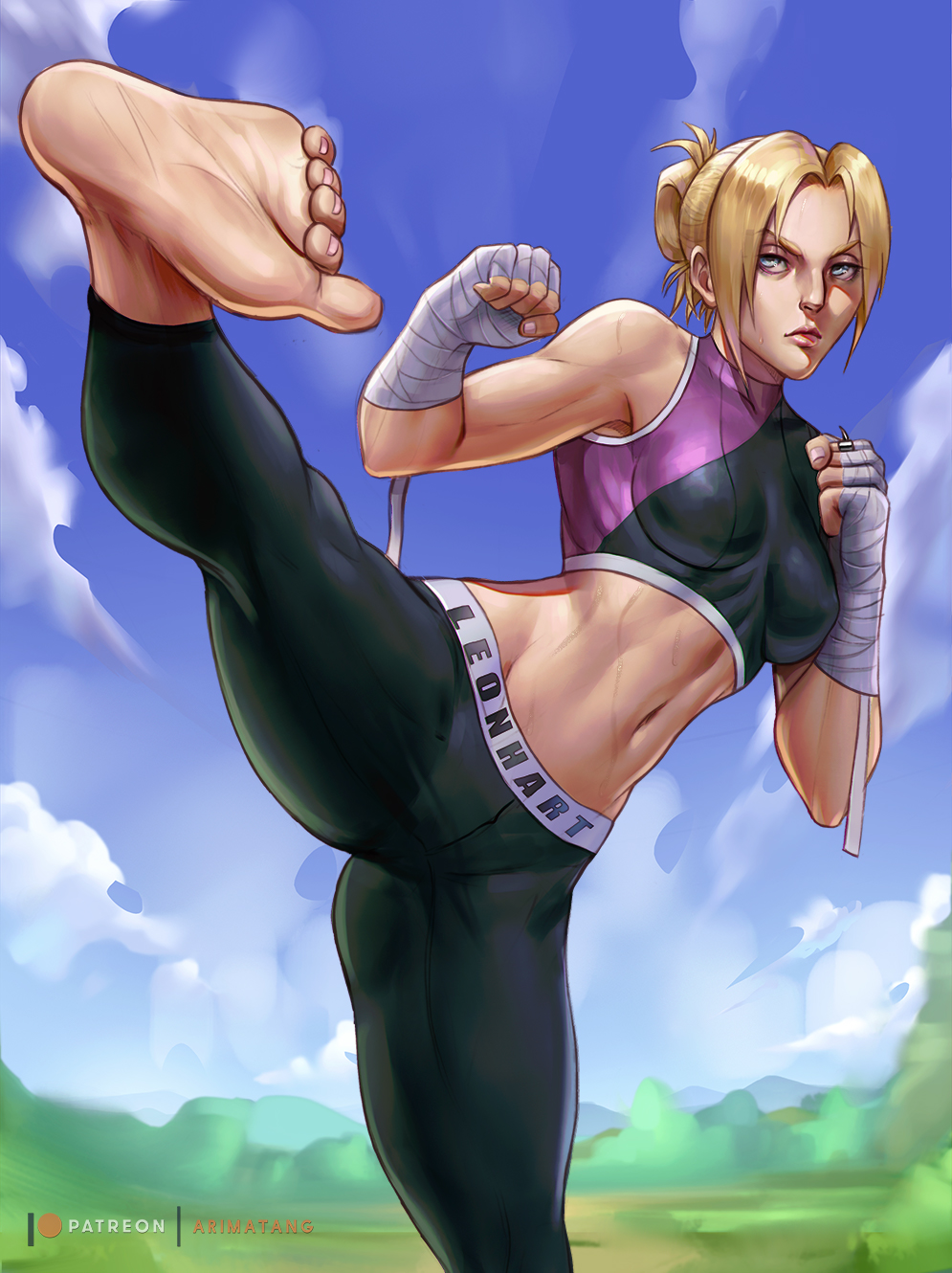 1girls alternate_version_available annie_leonhardt arimatang attack_on_titan belly blonde_hair blue_eyes breasts covered_nipples covered_pussy feet feet_up female female_focus female_only leg_lift leg_up muscular_female navel pants sleeveless soles solo solo_female solo_focus toes yoga_pants