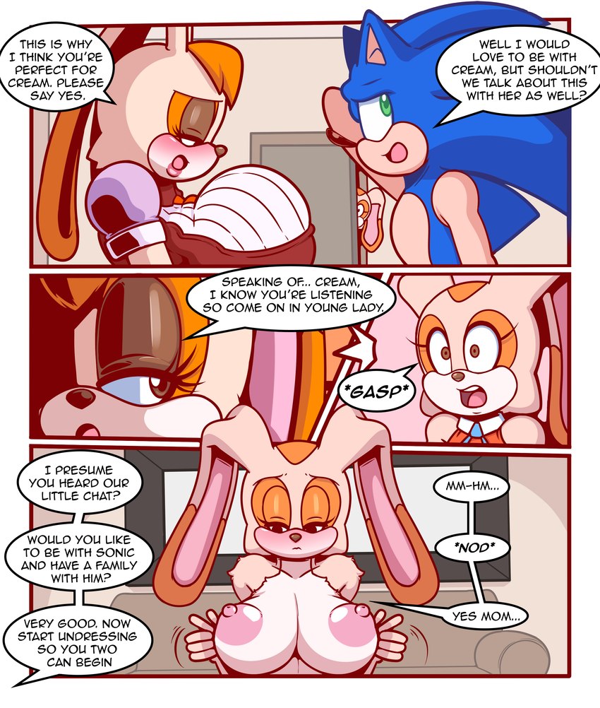 absurd res, anthro, big breasts, blue body, blue fur, blue hair, blush, breasts, clothed, clothed female nude male, clothed/nude, clothing, comic, cream the rabbit, daughter, dialogue, english text, eulipotyphlan, female, fur, furniture, hair, hedgehog, hi res, huge breasts, lagomorph, leporid, male, mammal, mature female, mother, mother and child, mother and daughter, nipples, nude, parent, parent and child, rabbit, sega, sofa, sonic (series), sonic the hedgehog, sonic the hedgehog (series), text, turboranger, undressing, vanilla the rabbit