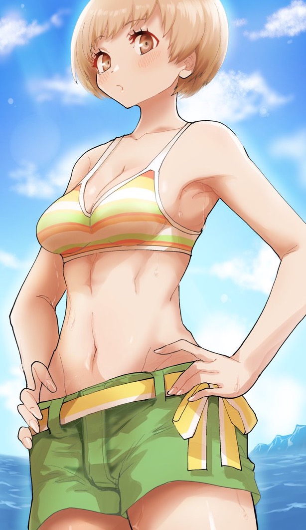atlus, beach, blush, brown eyes, brown hair, female, human, kurosususu, megami tensei, pale skin, persona, persona 4, satonaka chie, satonaka chie (swimsuit), sega, sky, sweat, swimsuit, swimwear, tomboy