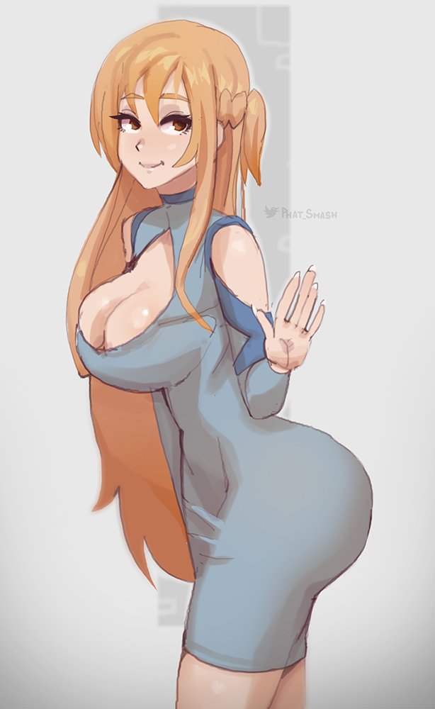 1girls, alternate ass size, ass, ass in dress, breasts, cleavage, female, female focus, female only, hand up, huge ass, large breasts, long hair, looking at viewer, phat smash, simple background, solo, solo female, solo focus, standing, sword art online, tagme, thick thighs, wide hips, yuuki asuna