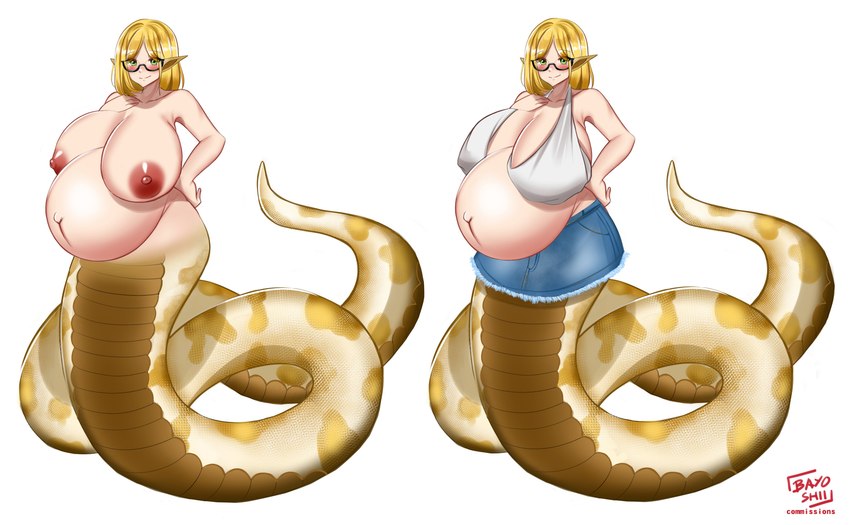 absurd_res apode areola bayoshii belly big_belly big_breasts breasts cleavage clothed clothing draconcopode eyewear female glasses hi_res huge_breasts lamia legless looking_at_viewer nipples pregnant reptile scalie serpentine snake split_form