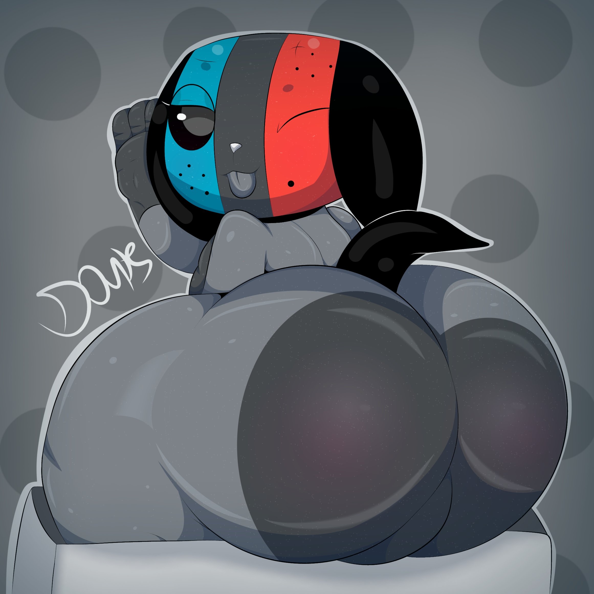 :3, 2021, abstract background, ambiguous gender, ass, big ass, big butt, blue body, blue skin, bubble ass, bubble butt, closed eyes, domestic dog, grey body, grey skin, half-closed eyes, hi res, huge ass, huge butt, looking at viewer, looking back, multicolored body, multicolored skin, nintendo, nintendo switch, plushtrapboyuwu, red body, red skin, short tail, sitting, smile, smiling, switch dog, tail, thick ass, tongue, tongue out