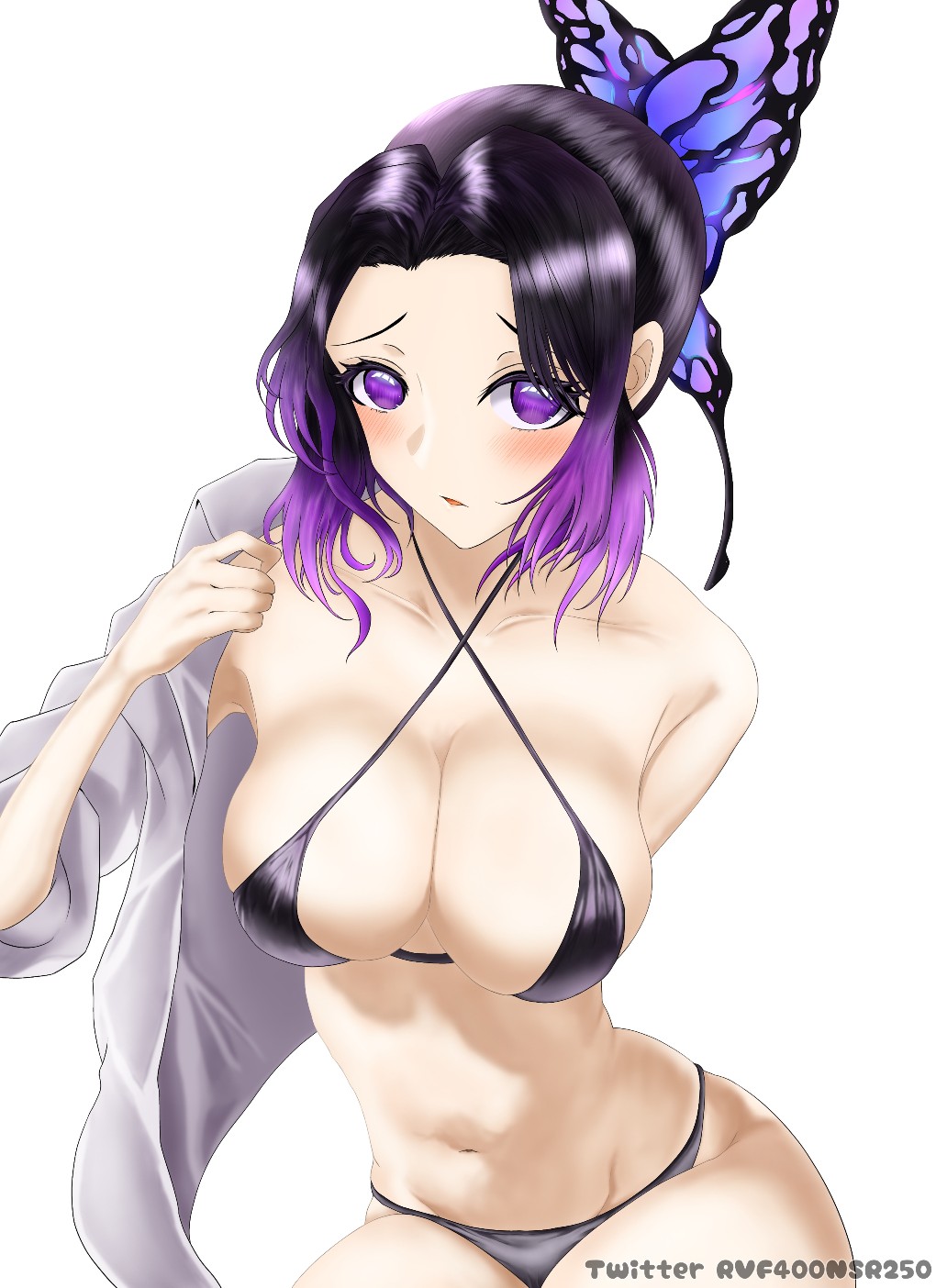 alternate costume, big breasts, bikini, black bikini, black hair, breasts, bursting breasts, butterfly hair ornament, demon slayer, female, female only, kimetsu no yaiba, kochou shinobu, looking at viewer, pompomkuroquro, purple eyes, solo, swimsuit, two-tone hair, undressing
