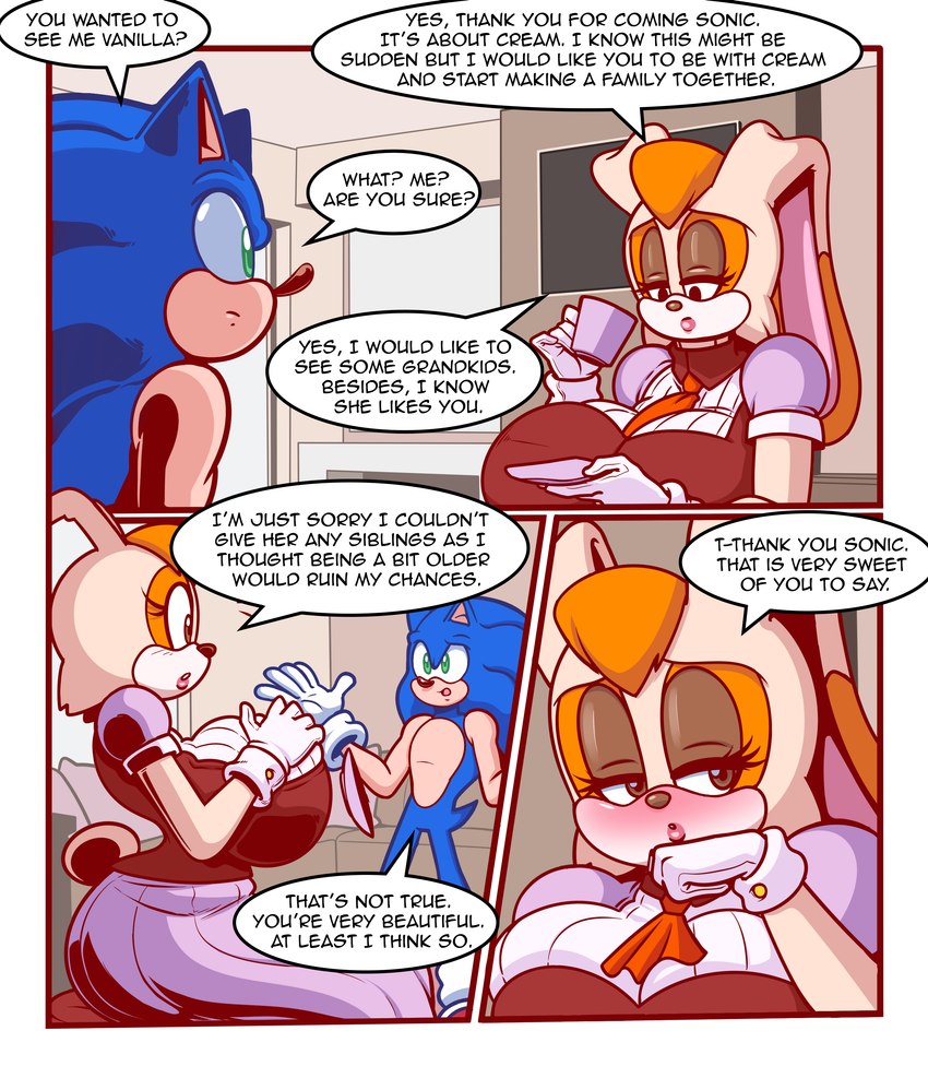 absurd res, anthro, big breasts, blue body, blue fur, blue hair, breasts, clothed, clothed female nude male, clothed/nude, clothing, comic, dialogue, duo, english text, eulipotyphlan, female, fur, hair, hedgehog, hi res, huge breasts, lagomorph, leporid, male, mammal, mature female, nude, rabbit, sega, sonic (series), sonic the hedgehog, sonic the hedgehog (series), text, turboranger, vanilla the rabbit