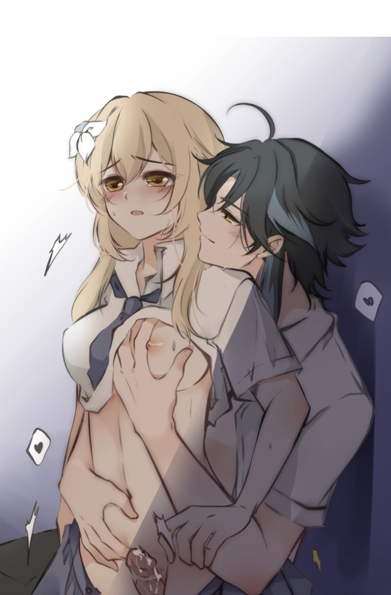 1boy, 1girls, blonde hair, blush, breast grab, breasts, female, fully clothed, genshin impact, gold eyes, green hair, grinning, half-dressed, heart, kumi.chan, lumine (genshin impact), male, semen, sweating, tears, xiao (genshin impact)