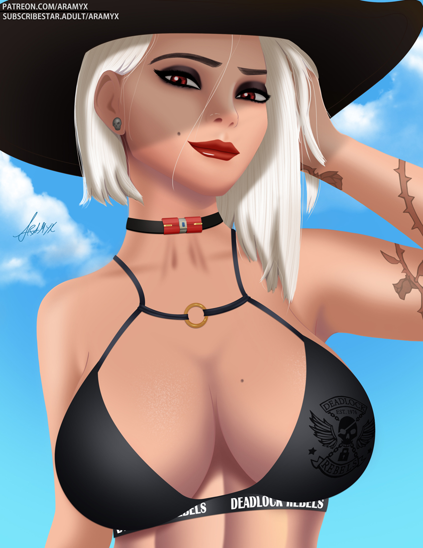 1girls, 2d, aramyx, ashe (overwatch), big breasts, bikini, bikini top, blizzard entertainment, breasts, female, female only, fully clothed, huge breasts, overwatch, solo, white hair