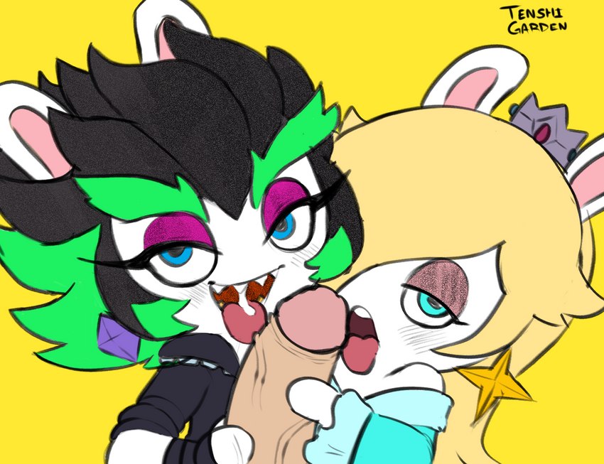 anthro, bedroom eyes, blonde hair, blue clothing, blue dress, bodily fluids, clothing, collaborative, collaborative fellatio, collaborative sex, color edit, colored, cum, cum in mouth, cum inside, dress, duo, duo focus, ear piercing, ear ring, edge (mario + rabbids), edit, eyebrows, eyeliner, eyeshadow, fellatio, female, genital fluids, genitals, green hair, group, hair, lagomorph, licking, looking at viewer, makeup, male, male/female, mammal, mario (series), mario + rabbids, mario + rabbids: sparks of hope, multicolored hair, narrowed eyes, nintendo, open mouth, oral, penile, penis, penis lick, piercing, rabbid, rabbid rosalina, raving rabbids, seductive, sex, sharp teeth, simple background, smile, teeth, tenshigarden, thick eyebrows, tongue, tongue out, ubisoft, vein, veiny penis, video games, yellow background