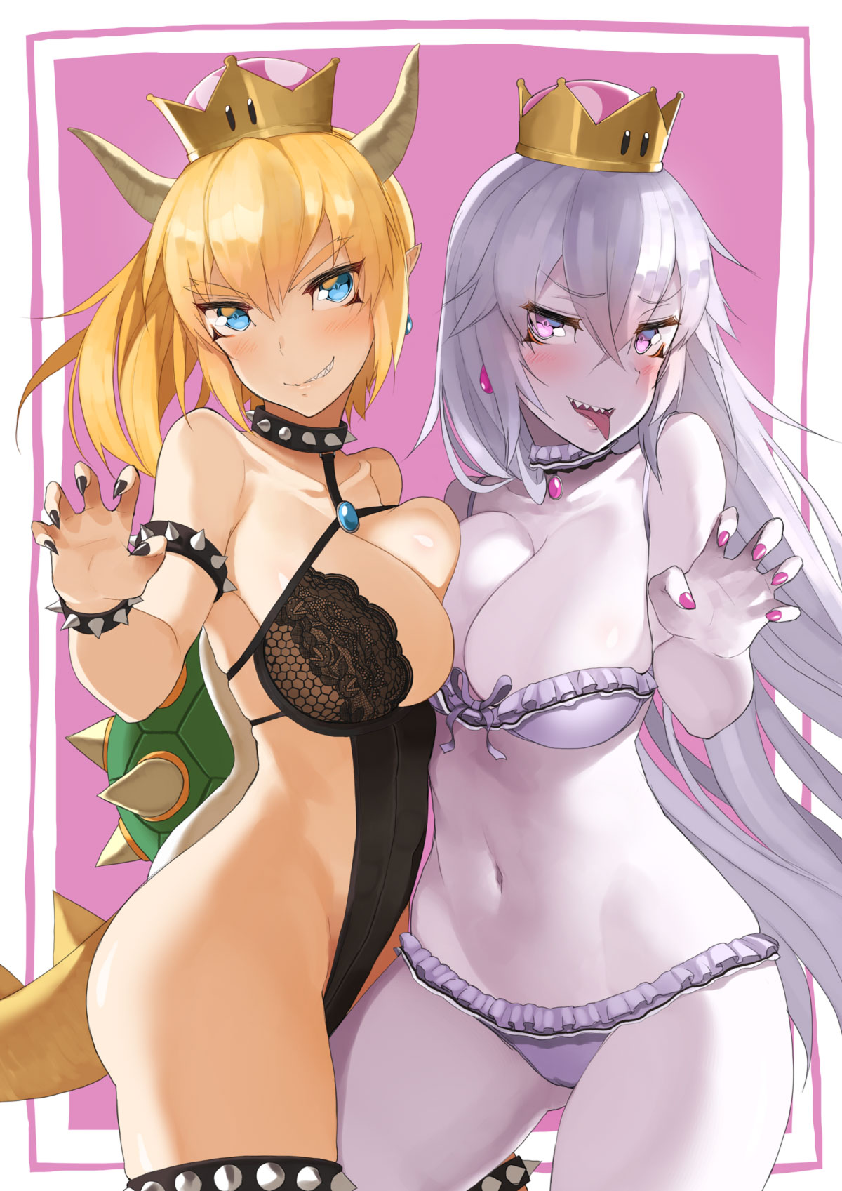 2girls asymmetrical_docking blonde_hair blue_eyes blush boosette bowsette bra bracelet breast_press breasts cleavage collar cowboy_shot earrings eyebrows_visible_through_hair female female_only fingernails gluteal_fold grin hair_between_eyes highres horns jewelry large_breasts leotard light_purple_hair lingerie long_hair looking_at_viewer mario_(series) multiple_girls nail_polish navel new_super_mario_bros._u_deluxe nintendo pale_skin panties pointy_ears ponytail purple_bra purple_eyes purple_panties sharp_fingernails sharp_teeth smile spiked_armlet spiked_bracelet spiked_collar spikes super_crown tail teeth throtem tongue tongue_out underwear underwear_only very_long_hair