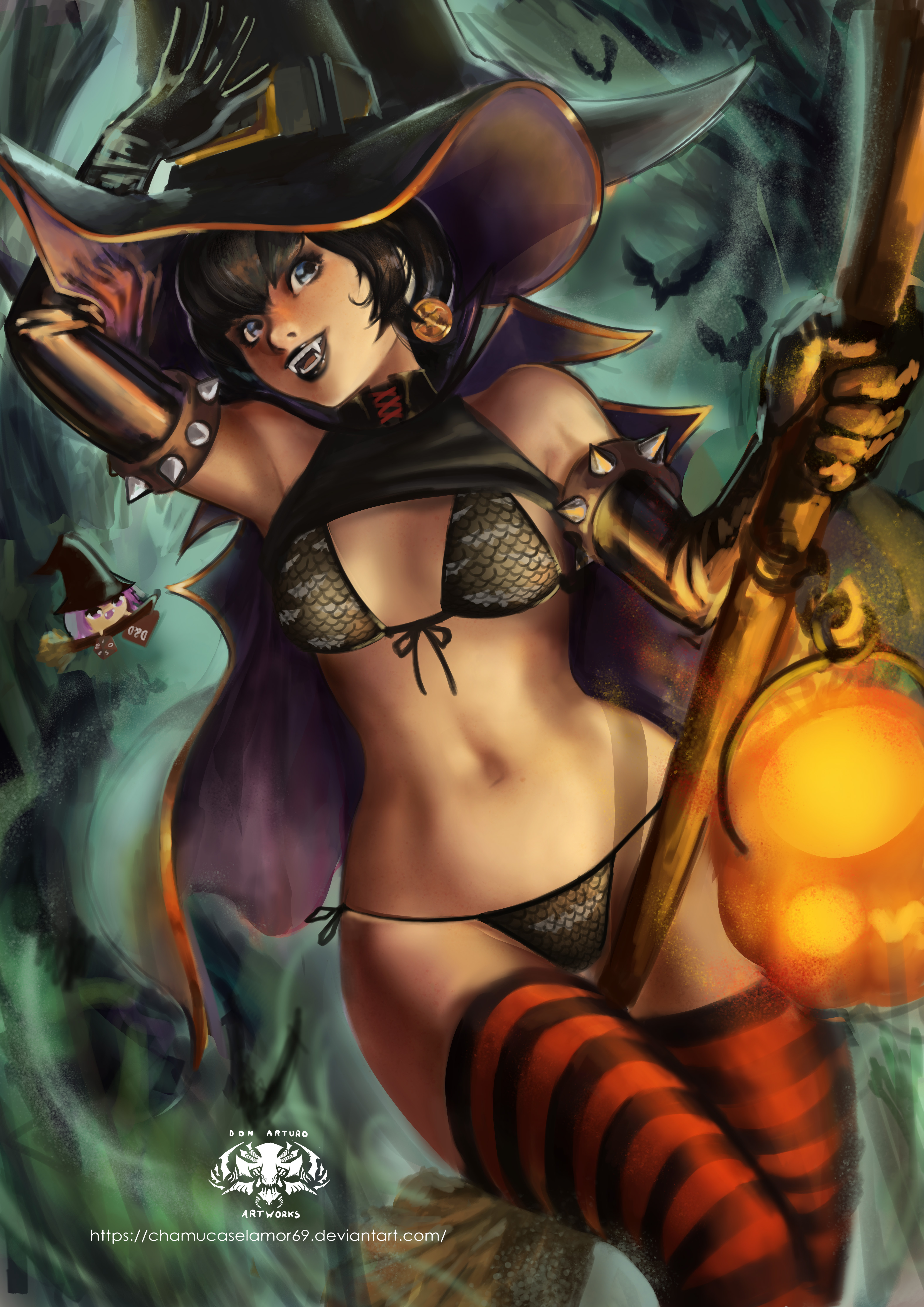 1girls, background, bare shoulders, bat, bikini, bikini bottom, bikini top, black dress, black hair, black lipstick, blue eyes, breasts, broom, cape, chamucasdelamor69, dress, dress lift, elbow gloves, fang, fangs, female, halloween, hat, hotel transylvania, jack-o'-lantern, lipstick, looking at viewer, mavis dracula, medium breasts, navel, panties, short hair, solo, tagme, thighhighs, vampire, witch, witch hat