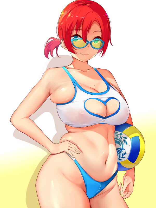 bangs bare_shoulders bikini bikini_bottom bikini_top blue_bikini blush boudica_(fate) boudica_(fate/grand_order) breasts cleavage cleavage_cutout clothing_cutout fate/grand_order fate_(series) female gradient gradient_background green_eyes hand_on_hip heart_cutout large_breasts looking_at_viewer looking_over_eyewear looking_over_glasses looking_over_sunglasses nashipasuta navel nipples ponytail red_hair see-through short_ponytail smile solo sunglasses swimsuit thighs tinted_eyewear volleyball white_bikini yellow-tinted_eyewear yellow_background