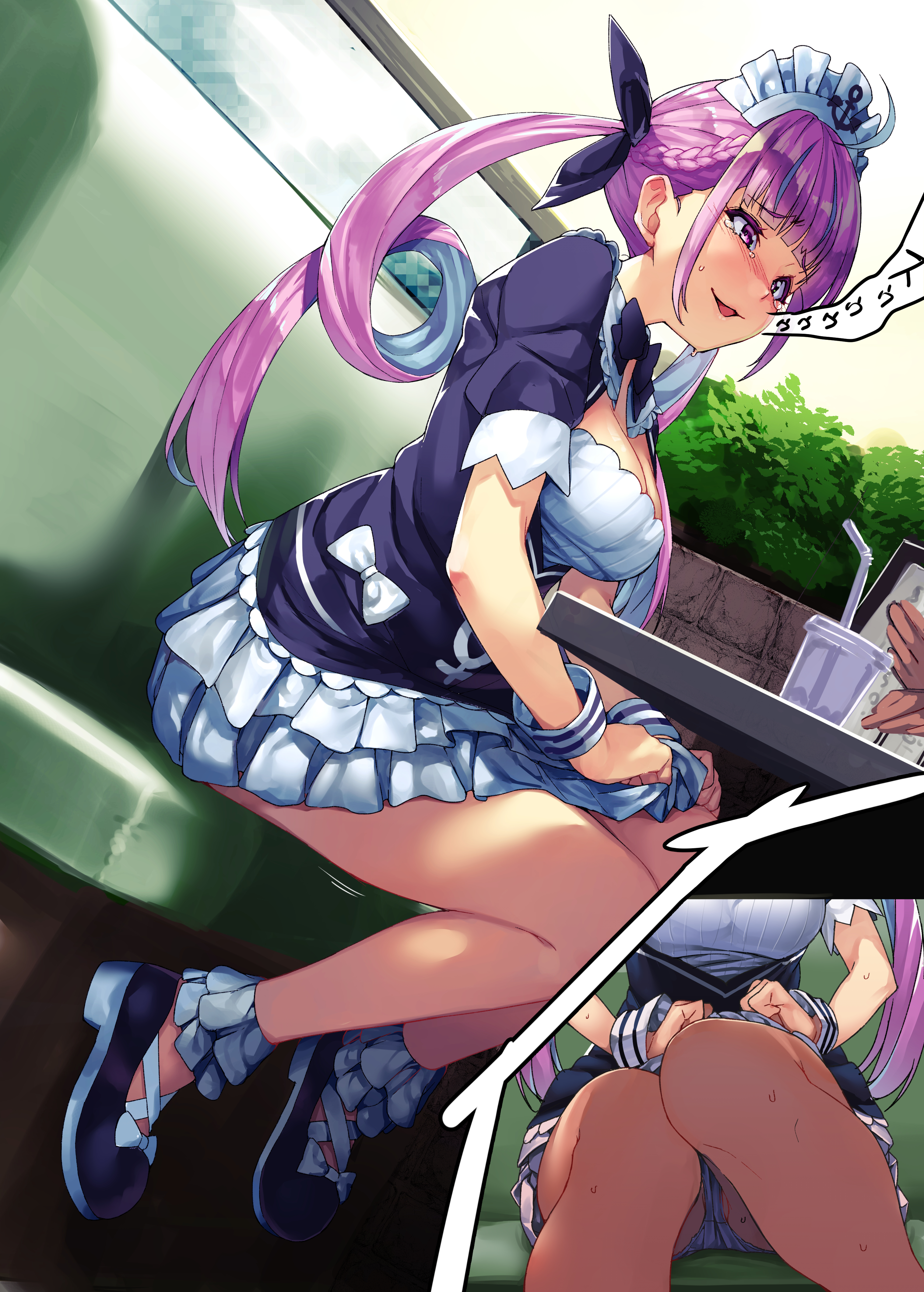 absurdres, ahoge, bangs, bare legs, bendy straw, blue footwear, blue hair, blue ribbon, blunt bangs, blush, bow, braid, breasts, cleavage, colored inner hair, commentary request, cup, disposable cup, dress, drinking glass, drinking straw, eyebrows visible through hair, female, frills, from side, hair ribbon, highres, hololive, hololive gen 2, hololive japan, indoors, knees together feet apart, koubou (cowbow kun), long hair, looking to the side, maid headdress, minato aqua, multicolored hair, open mouth, panties, pantyshot, purple eyes, purple hair, ribbon, shoes, short sleeves, sitting, smile, solo focus, table, tearing up, translation request, twintails, two-tone hair, under the table, underwear, virtual youtuber, white panties