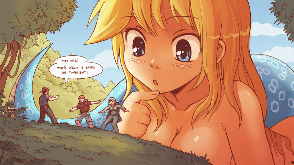 2boys 2girls blonde_hair blue_eyes blue_scales cleavage convenient_censoring crisis_(karbo) day eyebrows_visible_through_hair felarya finger_to_chin giantess imminent_vore jungle karbo large_breasts light-skinned_female light_skin long_hair naga outdoors size_difference topless tree