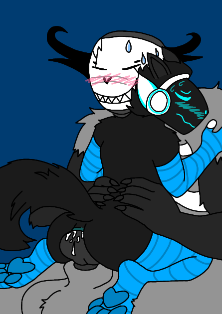 2boys anal big_balls big_knot big_penis black_fur blue_arm_warmers blue_leg_warmers blushing claws creampie cum cum_inside eyes_closed floofy_(character) floofy_(protogen) floofyprotogen fur_(character) furry gay grey_fur grey_penis horns knot male_only pawpads paws protogen riskaver_(artist) sweating tight_anal visor wendigo