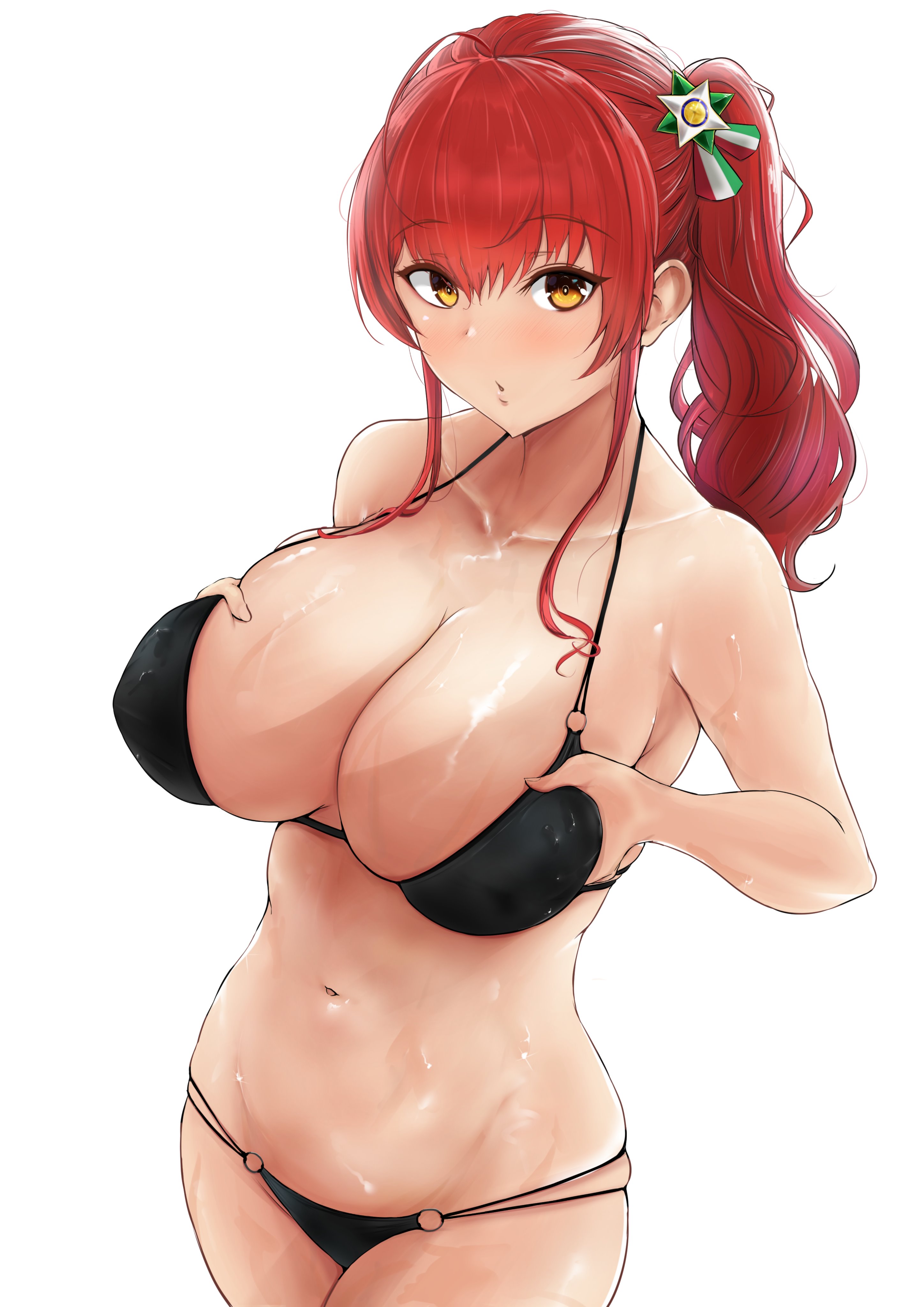 :o, absurdres, azur lane, bikini, black bikini, breasts, cleavage, commentary, cowboy shot, female, highres, italian flag, large breasts, manarestra, mon (manarestra), multi-strapped bikini, navel, o-ring, o-ring bikini, red hair, side ponytail, skindentation, swimsuit, wet, white background, yellow eyes, zara (azur lane), zara (poolside coincidence) (azur lane)