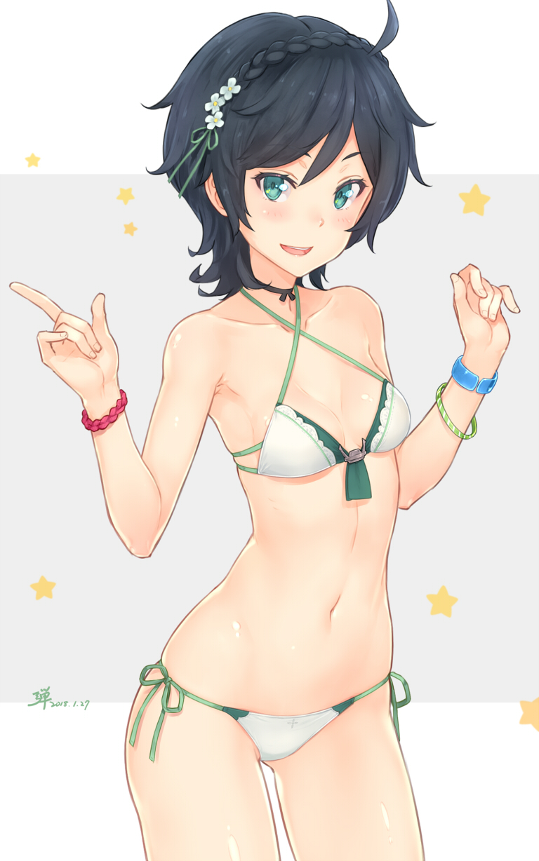 ahoge bikini black_hair braid breasts cowboy_shot crown_braid dan_(kumadan) female green_eyes highres jewelry kantai_collection matsukaze_(kantai_collection) open_mouth short_hair small_breasts smile solo star_(symbol) swimsuit white_bikini