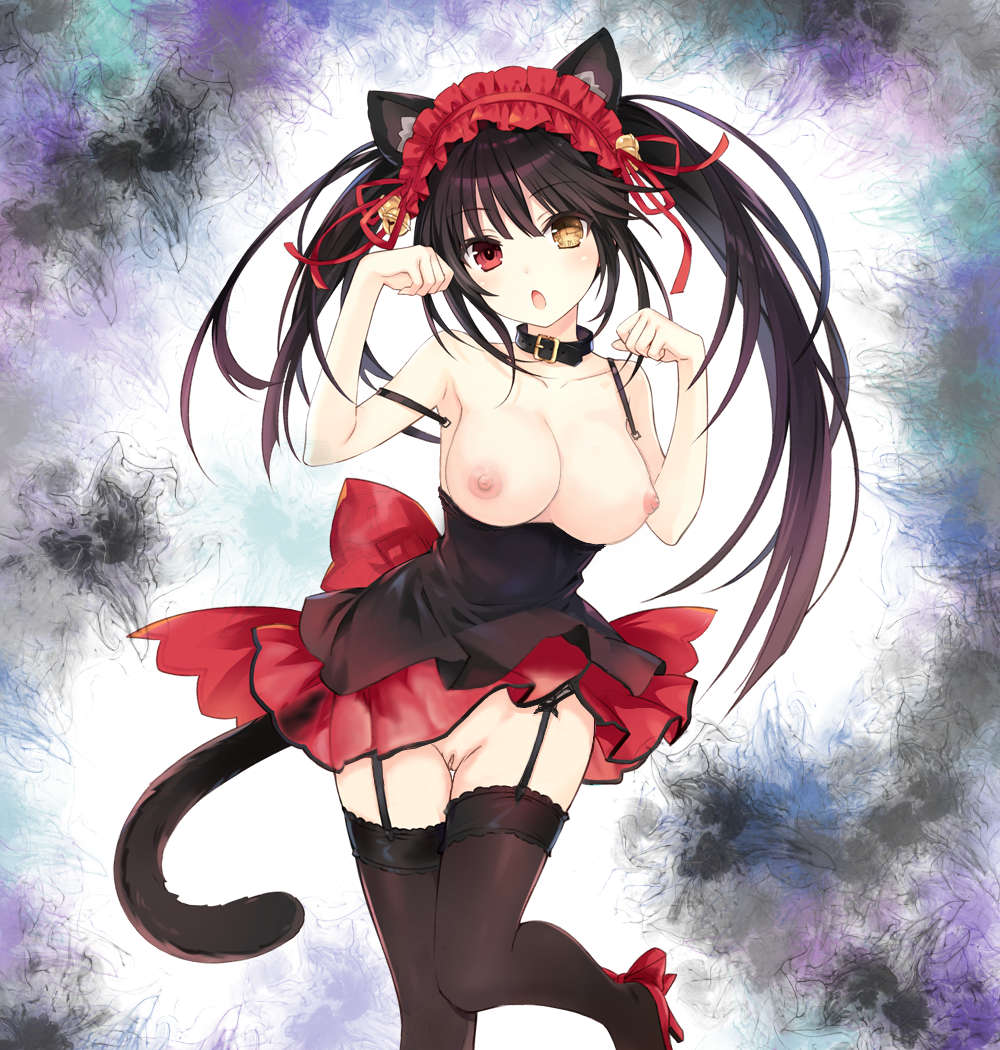 1girls, bottomless, breasts, cat ears, cat girl, cat tail, catgirl, collar, date a live, different eye color, female, female only, long hair, looking at viewer, open mouth, pussy, ribbon, solo, stockings, tagme, tokisaki kurumi, topless, uncensored