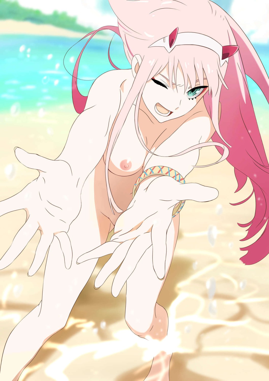 1girls, bathing, beach, breasts, darling in the franxx, female, female only, hair ribbon, horns, long hair, looking at viewer, nude, one eye closed, open mouth, solo, tagme, zero two (darling in the franxx)