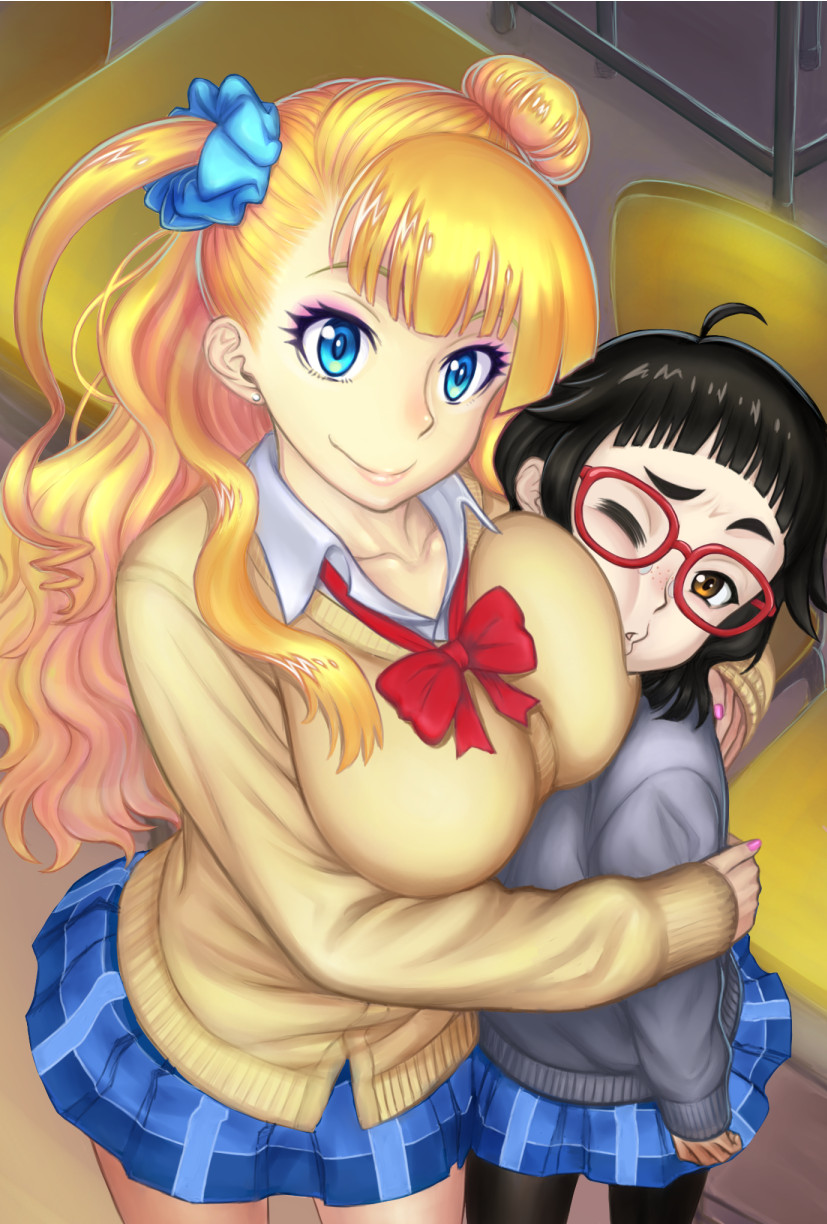 2girls big_breasts female female_only female_protagonist galko giant_robot_(artist) glasses hugging larger_female oshiete!_galko-chan otako_(galko) school_uniform smaller_female