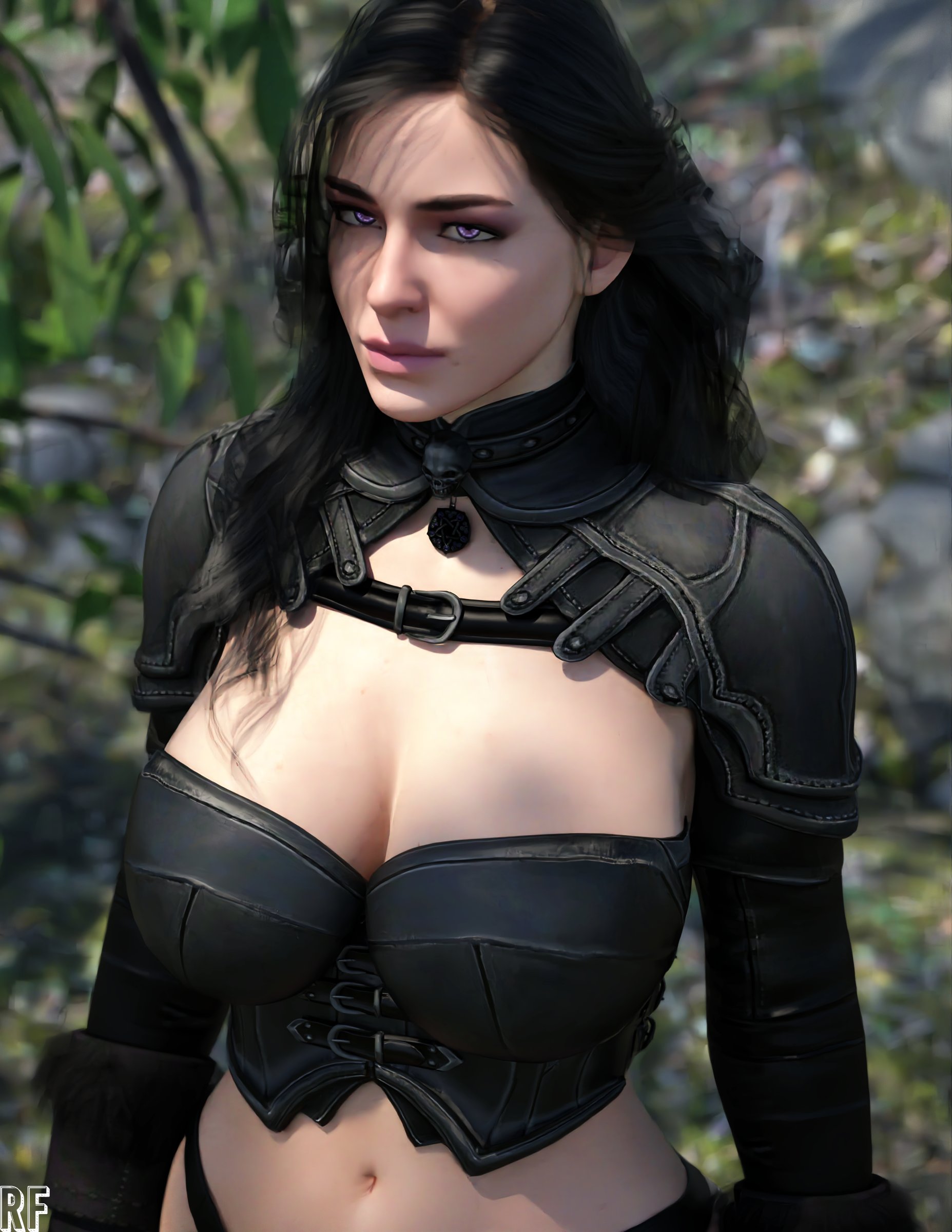 1girls, 3d, big breasts, black gloves, black hair, breasts, bustier, cd projekt red, cleavage, detached sleeves, female, female only, gloves, hourglass figure, large breasts, light skin, light-skinned female, long hair, looking at viewer, navel, outside, panties, purple eyes, rude frog, solo, the witcher, the witcher (series), the witcher 3: wild hunt, thick thighs, voluptuous, wide hips, yennefer