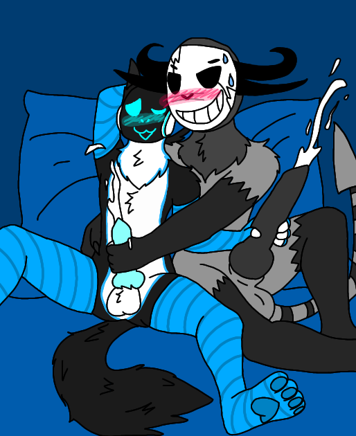 2boys balls blue_arm_warmers blue_leg_warmers blue_pawpads blue_penis blushing cum cumming eye_closed femboy floofyprotogen gay grey_penis horns jerkingoff knot pawpads paws protogen riskaver_(artist) tail visor