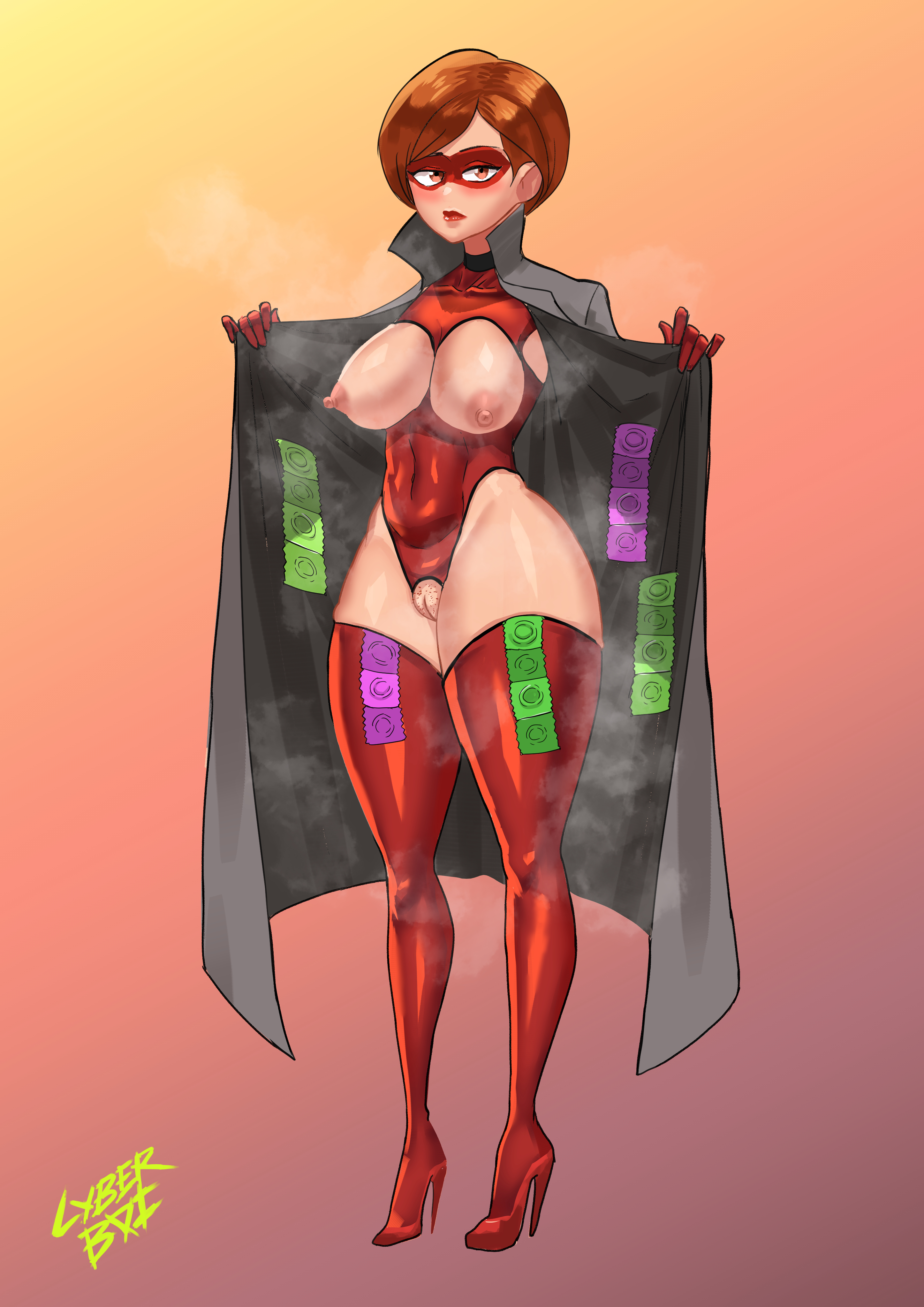 1girls, armwear, big breasts, breasts, breasts cutout, clothing, coat, condom, condom accessories, condom wrapper, cyberboi, disney, elastigirl, eyewear, female, female only, footwear, handwear, helen parr, jacket, legwear, mask, nipples, outerwear, pixar, presenting, pussy, pussy cutout, skimpy, skimpy clothes, smooth skin, solo, superheroine, the incredibles, thick thighs