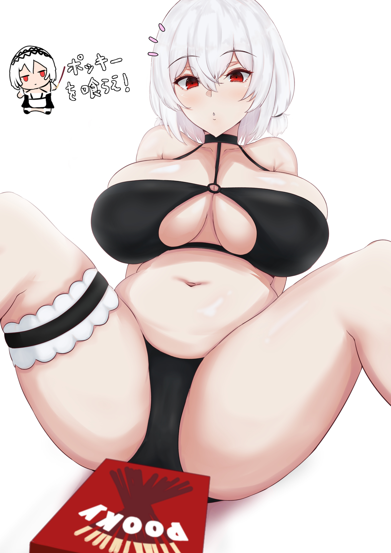 1girls, azur lane, bangs, bikini, black bikini, black choker, blush, breasts, choker, chubby, cleavage, collarbone, eyebrows visible through hair, female, food, hair between eyes, highres, large breasts, light skin, light-skinned female, looking at viewer, manarestra, mon (manarestra), navel, o-ring, o-ring top, open mouth, pocky, red eyes, royal navy (azur lane), short hair, short twintails, simple background, sirius (azur lane), sirius (scorching-hot seirios) (azur lane), solo, spread legs, swimsuit, thigh strap, twintails, white background, white hair