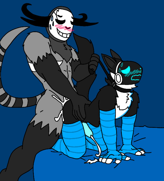 2boys anal_penetration anal_sex bedroom blue_arm_warmers blue_bed_sheet blue_leg_warmers blue_penis blushing creampie cum cum_explosion cum_inside cumming_from_anal_sex doggy_style floofy_(protogen) floofyprotogen fur_(character) furry furry_only gay horns leather_collar male_only on_bed pleasured protogen riskaver_(artist) sweating tail wendigo yiff