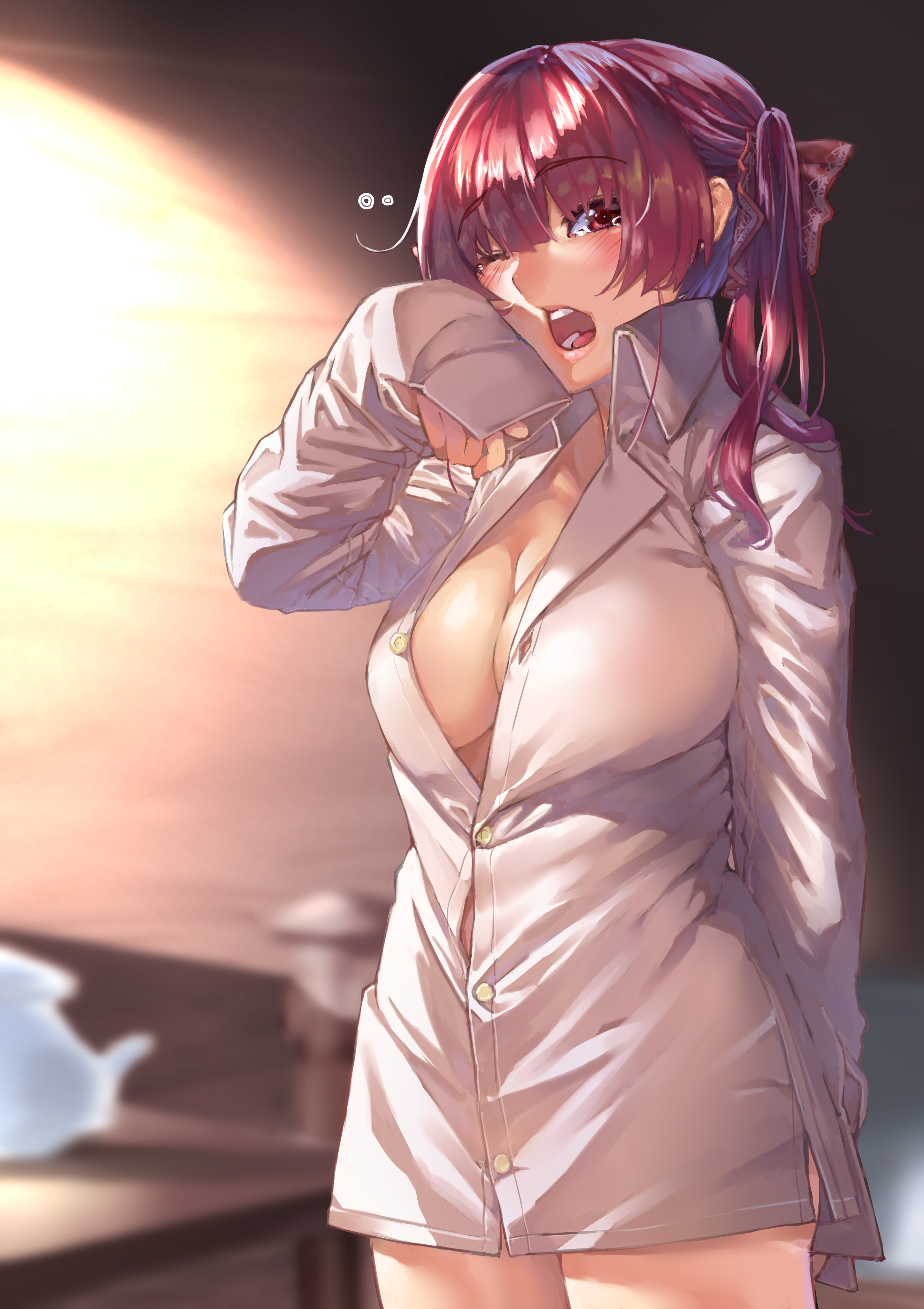 absurdres, arm behind back, bangs, blurry, blurry background, blush, breasts, buttons, cleavage, collarbone, collared shirt, commentary request, cowboy shot, dress shirt, eyebrows visible through hair, female, hair ribbon, highres, hololive, hololive fantasy, hololive japan, houshou marine, koubou (cowbow kun), large breasts, long hair, looking at viewer, naked shirt, one eye closed, open mouth, partially unbuttoned, purple hair, red eyes, red hair, ribbon, shirt, sleepy, sleeves past wrists, solo, teeth, twintails, virtual youtuber, yawning