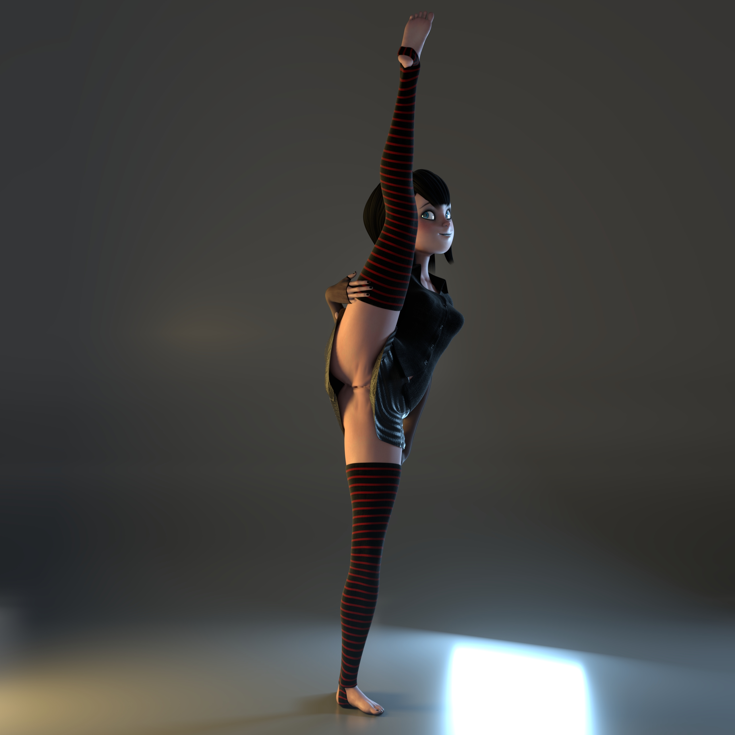 3d, black hair, blender, blue eyes, clothing, female, githmdd, goth, hotel transylvania, leg up, mavis dracula, nail polish, no panties, pussy, short hair, solo, solo focus, striped legwear, thighhighs