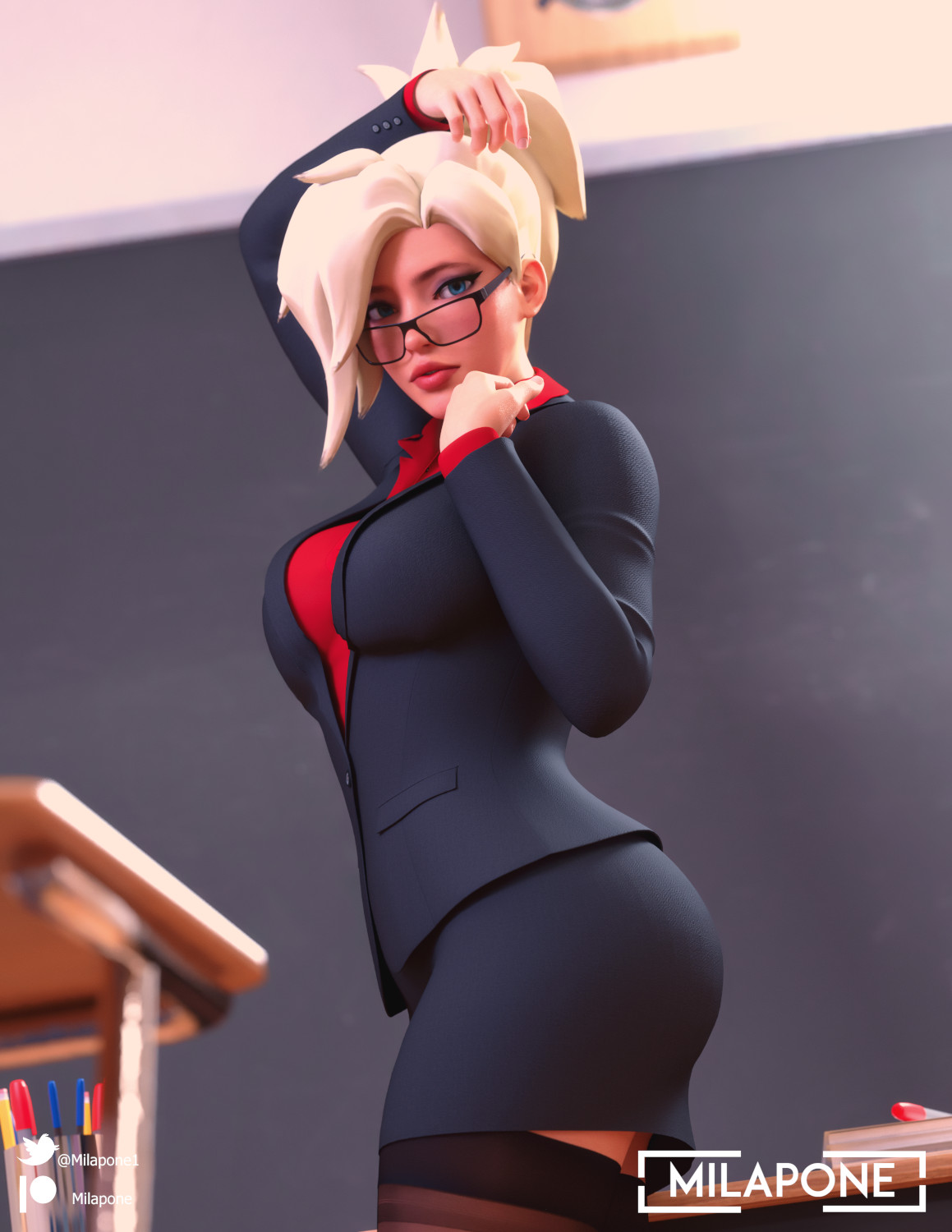 1girls, 3d, alternate costume, ass, black stockings, breasts, business attire, business suit, clothed, female, glasses, highres, large breasts, looking at viewer, mercy, milapone, office, office lady, overwatch, pencil skirt, platinum blonde hair, red shirt, sheer, stockings, thighhighs, tight clothing