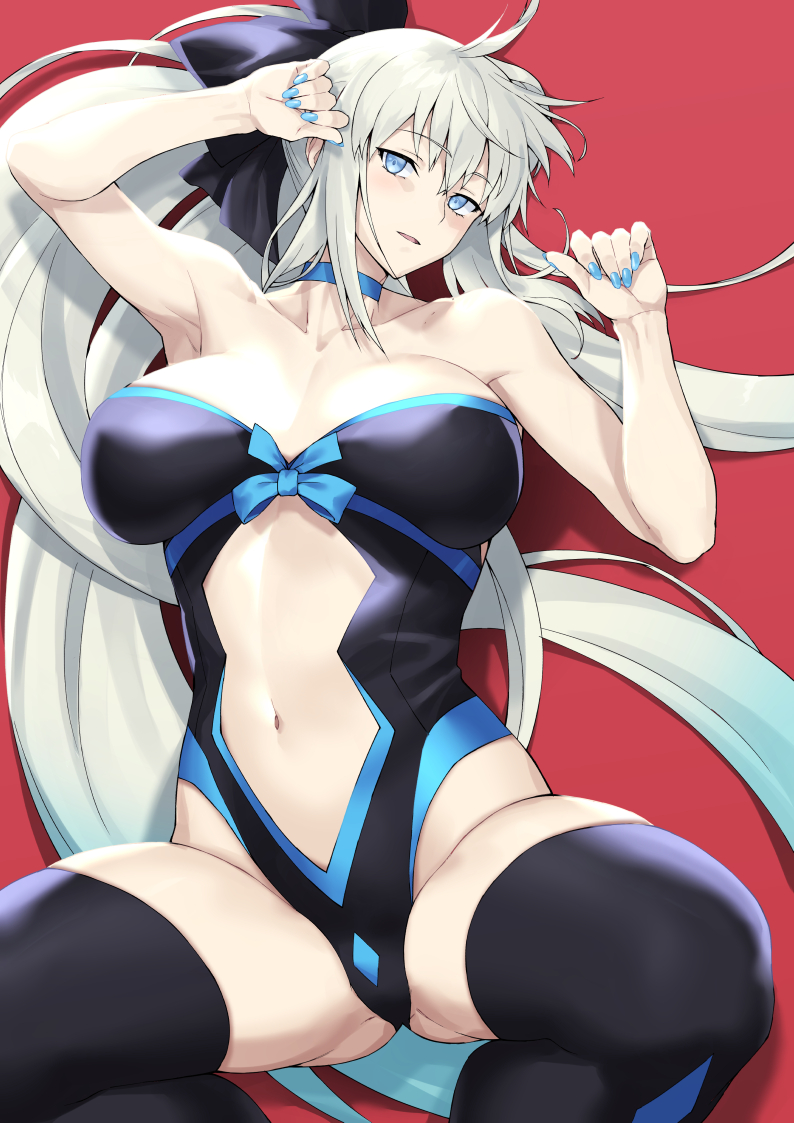 bangs bare_shoulders black_bow black_legwear black_leotard blue_eyes bnc_(bunshi) bow braid breasts center_opening choker cleavage collarbone fate/grand_order fate_(series) female french_braid grey_hair hairbow highleg highleg_leotard large_breasts leotard long_hair looking_at_viewer morgan_le_fay_(fate) nail_polish navel parted_lips ponytail sidelocks solo thighhighs thighs very_long_hair