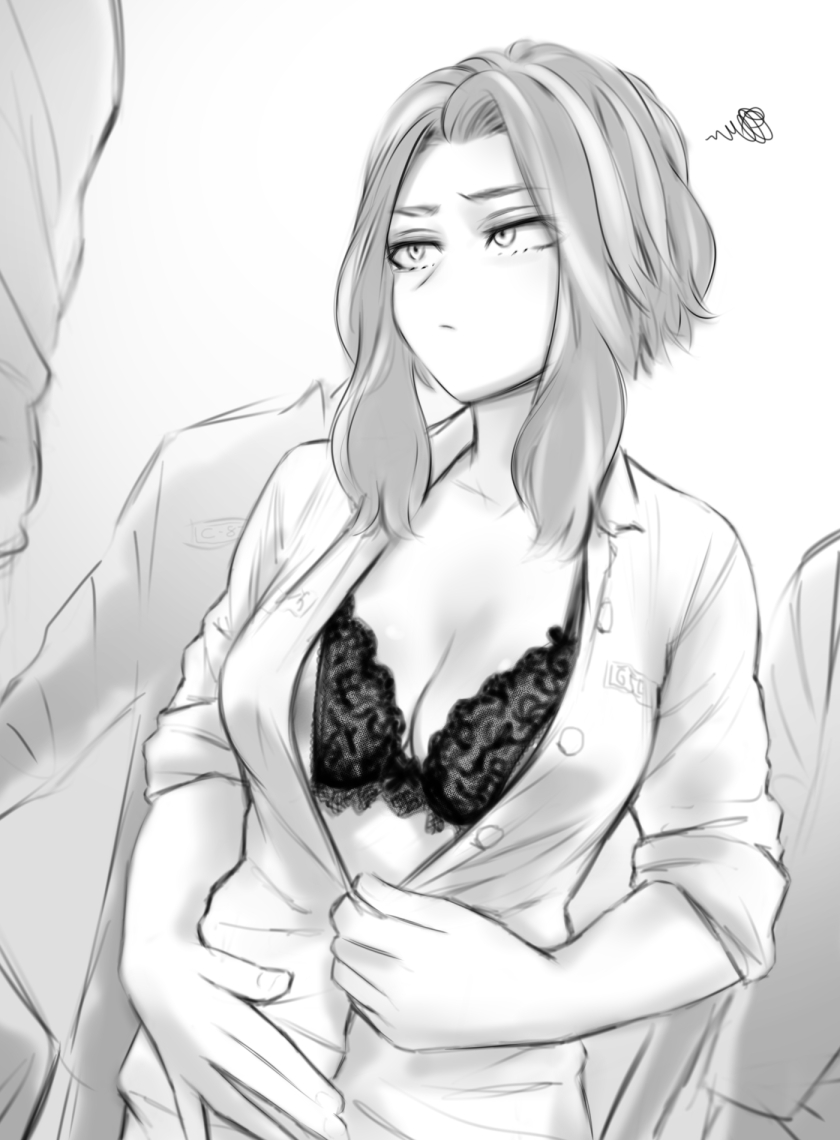 1girls black_bra bra breasts cleavage female female_focus hair kaina_tsutsumi lacy_bra lady_nagant my_hero_academia open_clothes open_shirt opening_shirt pouting prison prisoner shirt shpo unbuttoning