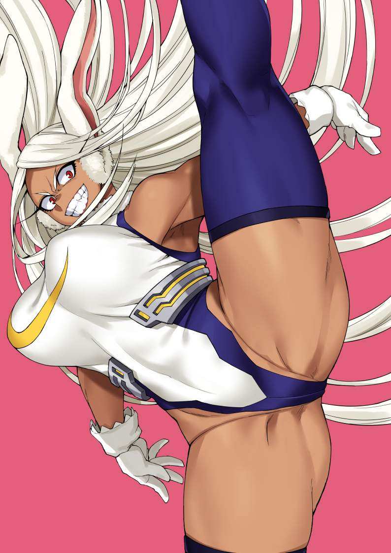 animal_ears ass bare_shoulders bnc_(bunshi) breasts bunny_ears female gloves grin leotard long_hair looking_at_viewer miruko my_hero_academia pink_background purple_legwear red_eyes rumi_usagiyama simple_background smile solo splits standing standing_on_one_leg thighhighs vertical_splits white_gloves white_hair