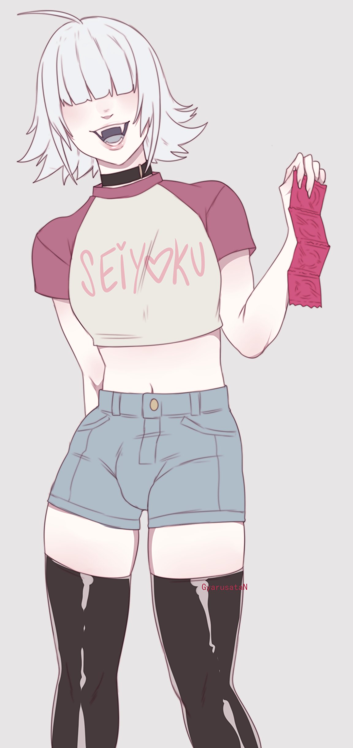 1boy, ahoge, asto (gyarusatan), black thighhighs, choker, clothing, condom, condom wrapper, fangs, femboy, girly, grey background, gyarusatan, hair between eyes, hi res, male, male only, medium hair, open mouth, penis, penis bulge, shorts, smile, solo, solo male, thighhighs, white hair