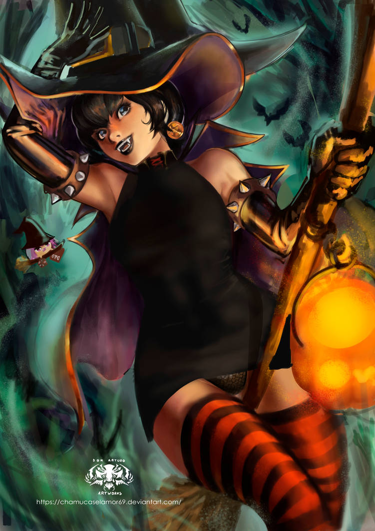 1girls, background, bare shoulders, bat, black dress, black hair, black lipstick, blue eyes, broom, cape, chamucasdelamor69, dress, elbow gloves, fang, fangs, female, halloween, hat, hotel transylvania, jack-o'-lantern, lipstick, looking at viewer, mavis dracula, panties, short hair, solo, tagme, thighhighs, vampire, witch, witch hat