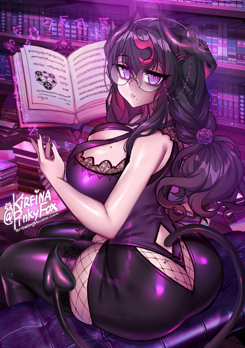 ass, ass cleavage, ass crack, ass window, big ass, big breasts, big butt, braided hair, breasts, butt crack, dark skin, demon, demon girl, demon tail, eye bags, female, fishnets, glasses, goth, hair ornament, horns, huge ass, huge butt, light skin, light-skinned female, looking at viewer, looking back, mole, mole under mouth, original, osiimi, pale skin, pale-skinned female, thick thighs, thighhighs