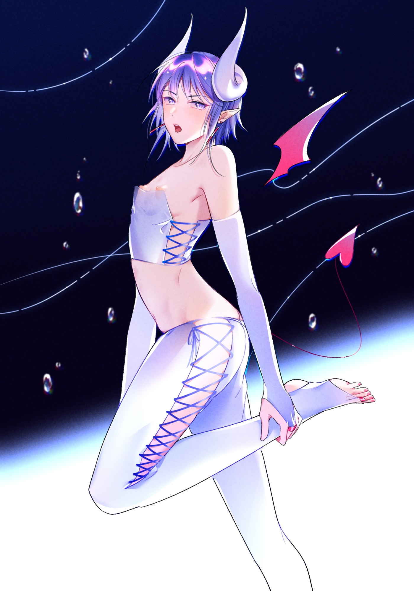 1boy, 2020, 2d, areola, armwear, bare shoulders, barefoot, color, demon, demon boy, demon horns, demon tail, demon wings, feet up, femboy, femboy only, feminine male, full color, heart tail, horns, leg grab, leg hold, leg lift, leg up, legwear, looking at viewer, male, male only, nipple slip, nipples, no shoes, open mouth, original, original character, pink toenails, purple hair, remq, short hair, simple background, solo, solo male, tail, toeless legwear, toenail polish, toes, trap