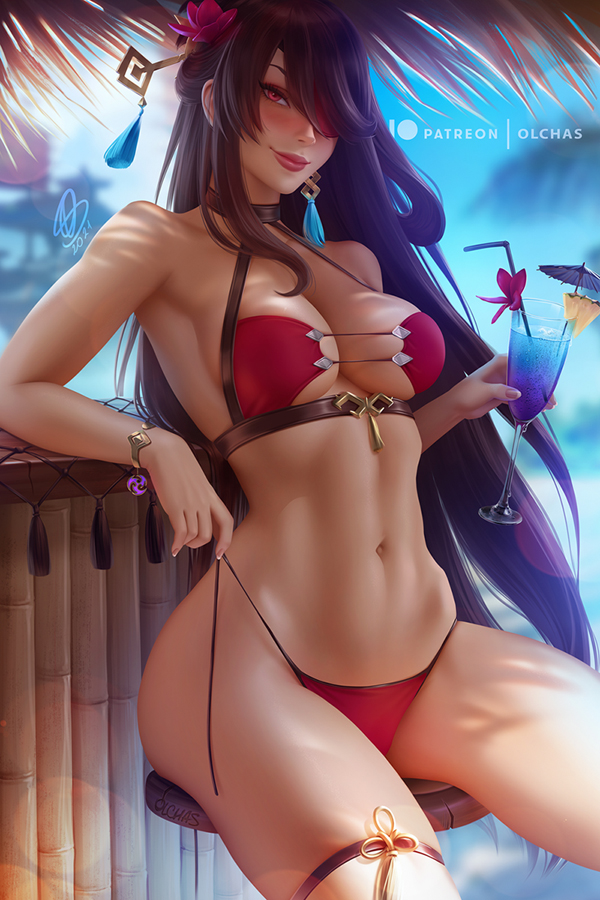 1girls, beidou (genshin impact), bikini, blush, breasts, cleavage, female, female only, genshin impact, looking at viewer, olchas, solo